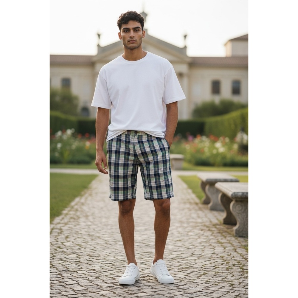 Tommy Bahama Jeans Mens Plaid Flat Front Shorts Blue Green White Cotton Size 42